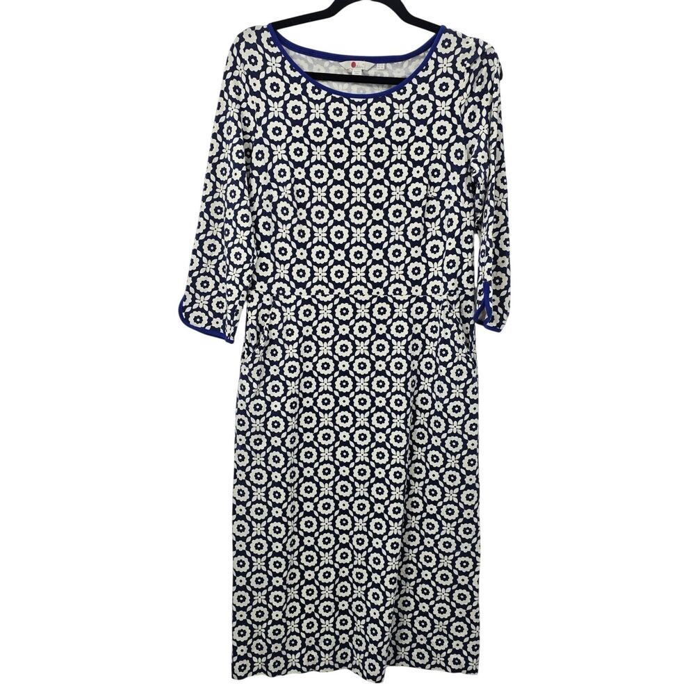 Boden Dress Womens 8 Blue Floral Fit Flare Jersey Midi 3/4 Sleeve Work Preppy